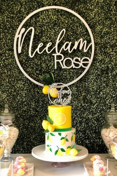 Lemon Birthday Cake, Lemon Birthday Cakes, 1st Bday Party, Lemonade Stand Birthday, Lemon Themed Party, Lemon Birthday, 1st Birthday Party For Girls, Lemonade Party, Summer Cakes