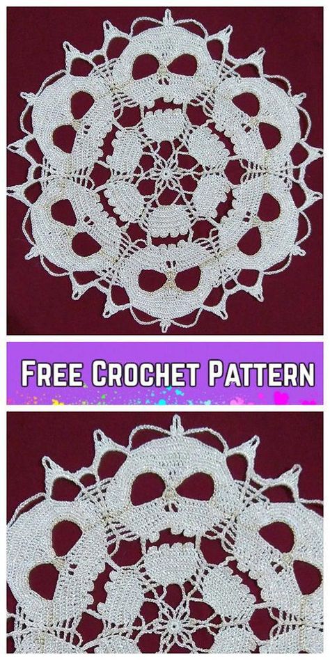 Crochet Skull Doily, Skull Doily, Crochet Skull Patterns, Crochet Pour Halloween, Free Crochet Doily Patterns, Doily Pattern, Crochet Skull, Confection Au Crochet, Halloween Crochet Patterns