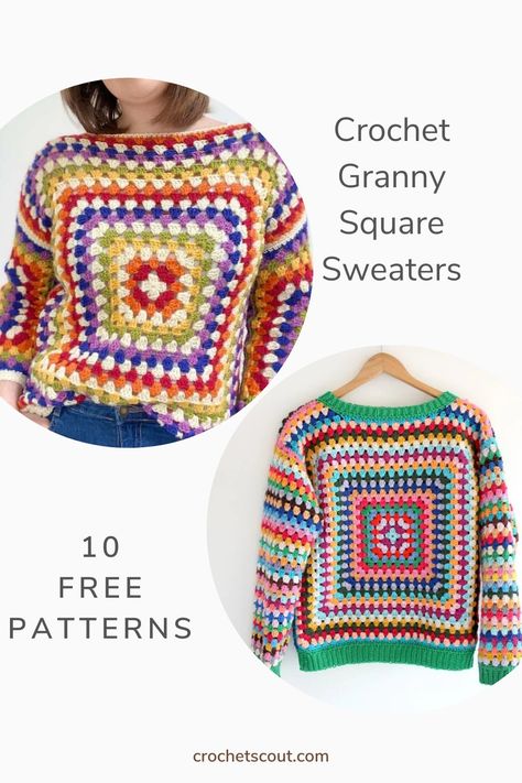 Top 10 Free Crochet Granny Square Sweater Patterns Round Granny Square Sweater, Quick And Easy Crochet Sweater Pattern Free, Crochet Granny Square Sweater Free Pattern, Granny Square Crochet Cardigan Pattern Free, Large Granny Square Sweater, Granny Stitch Sweater Pattern Free, Crochet Granny Square Sweater Pattern Free, Granny Square Sweater Layout, Crochet Granny Square Sweater Pattern