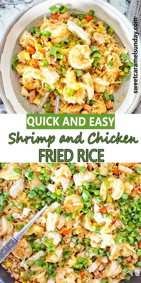 Fried rice with chicken and shrimp in grey bowl with text written between 2 images. Shrimp Chicken Fried Rice, Chicken And Prawn Fried Rice, Chicken And Prawn Recipes, Chicken And Shrimp Rice, Chicken And Shrimp Fried Rice, Combination Fried Rice, Shrimp And Chicken, Shrimp Fried Rice Recipe, Rice With Chicken