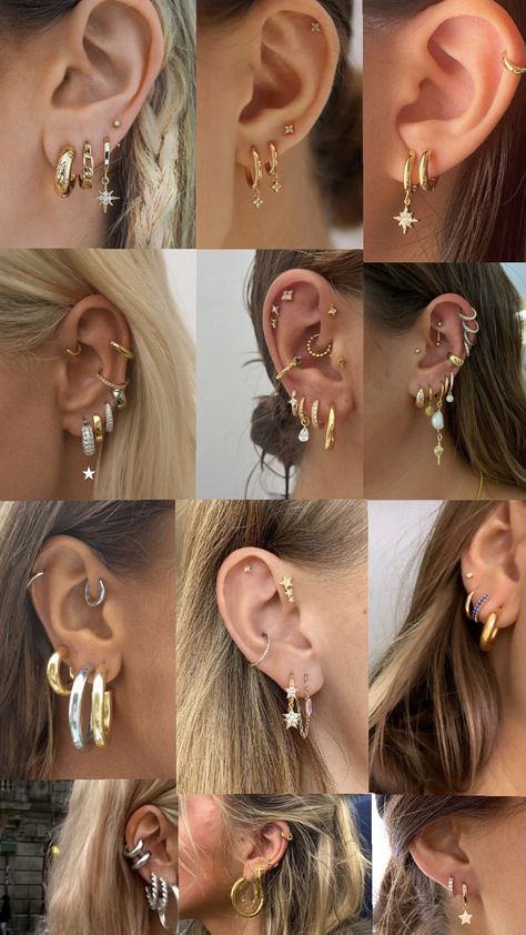 earrings pierced #earringspierced #inspo #jewelry #jewelryinpo #earringsjewelry Ear Piercing Ideas Big Earlobes, Earring Combinations Silver, Full Ear Of Piercings, 7 Ear Piercings, Earring Stack Ideas Mixed Metals, Ear Piercing Inspo Gold, Ear Piercing Inspo Both Ears, How To Stack Earrings, Getting Piercing