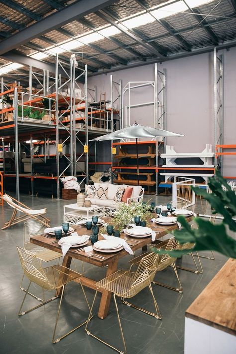 Prop Organization, Organic Table Setting, Warehouse Organization, Books Cafe, Bench Seat Dining, Feasting Table, Showroom Ideas, Warehouse Space, Wedding Reception Planning