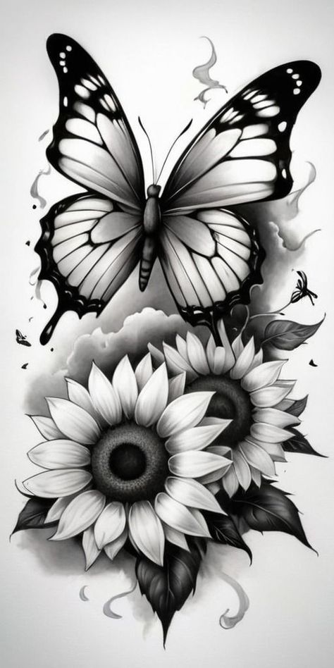 Sunflowers Tattoo Design, Moths Tattoo, Sunflowers Tattoo, Borboleta Tattoo, Sunflower Tattoo Sleeve, Arm Sleeve Tattoos For Women, Flower Tattoo Drawings, Floral Tattoo Design, Butterfly Tattoo Designs