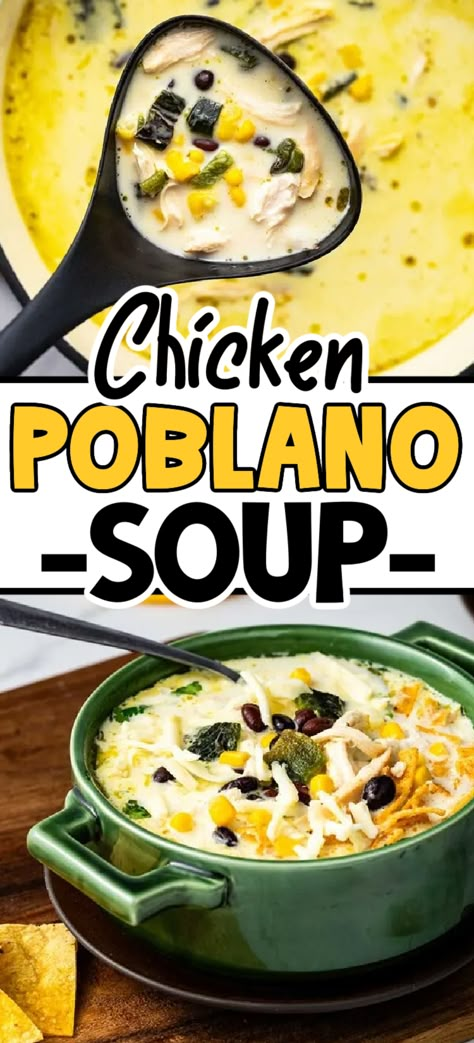 Say goodbye to bland weeknight soup. This easy roasted poblano chicken soup is the perfect way to warm up on a chilly evening. The unique and balanced flavors start with a savory and tangy broth with pantry staples. The star of the show, smokey charred poblano peppers, combine with black beans and sweet corn for a hearty soup with many layers of flavor. No Grain Dinner Recipes, Unique Soups Recipes, Poblano Pepper Recipes Soup, Easy Poblano Pepper Recipes, Different Soups Recipes, Easy Unique Dinner Recipes, Unique Soup Recipes, Creamy Chicken Poblano Soup, Creamy Chicken Poblano