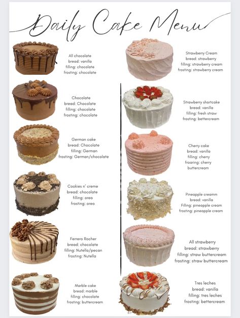 Delicious Cake Flavor Combinations, Different Types Of Cakes Flavors, Bakery Cake Ideas, Types Of Cakes Flavors, Cake Menu Design Ideas, Cake Tasting Presentation, Home Bakery Menu Ideas, Cake Flavour Combinations, Best Cake Flavors