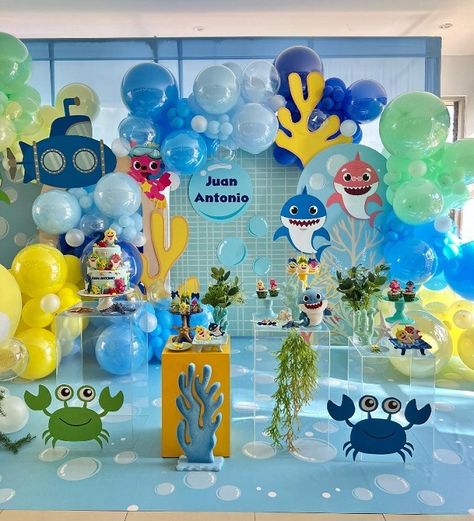 “Baby Shark” Baby Shower Ideas – Baby Shower Ideas 4U Baby Shark Baby Shower Ideas, Baby Shark 2nd Birthday Party Boy, Baby Shark Birthday Party Boy Decoration, 2nd Birthday Party Themes Boy, Shark Baby Shower Ideas, Shark Dessert Table, Baby Shark Dessert Table, Baby Shark Fiesta, Cumpleaños Baby Shark