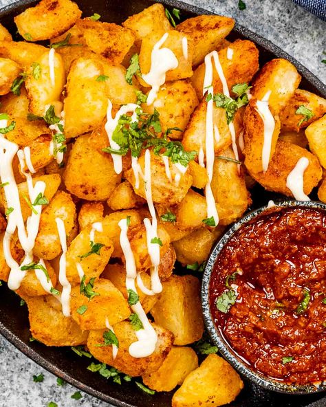 Potato Bravas Recipes, November Dinners, Potato Bravas, Shawarma Ingredients, Spanish Dish, Vegan Potato Recipes, Vegan Mediterranean, Jo Cooks, Tapas Dishes