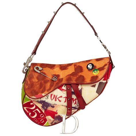 2003 Christian Dior Multicolour Canvas Victim Saddle Bag | From a unique collection of rare vintage Structured Shoulder Bags at https://www.1stdibs.co.uk/fashion/handbags-purses-bags/shoulder-bags/structured-shoulder-bags/. Bag Reference, Celebrity Bags, Bags Online Shopping, Dior Saddle, Handbag Outfit, Colorful Bags, Dior Handbags, Saddle Leather, Pretty Bags