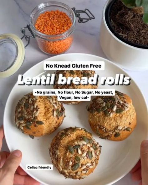 @goveganchallenge on Instagram: ""GET The Complete Plant Based Cookbook - Over 200+ Delicious Vegan Recipes Including 30-day Meal Plans" =>> LINK IN BIO 🔗 @goveganchallenge

1️⃣ or 2️⃣? Which #recipe would you try?👇

1️⃣ No Knead Gluten Free Lentil bread rolls

By @Dr.doodoolicious

These easy vegan, coeliac friendly/gluten free lentil bread rolls are good for your gut and waistline (low calorie). And no grains, flour, sugar or yeast is used
Nutritional value per roll (w/o toppings): 14.5/13.4 g dietary fiber, 14.8/12.8 g protein, 200 g legumes
Prep: < 10 min Soaking time: > 2 h Oven time: 25 min Yields: 4 rolls

Ingredients:
•200 g (1 cup) dry red lentils, rinsed
•20 g (¼ cup) whole psyllium husk (not powder)
•60 ml (¼ cup) water
•1½ tbsp olive oil
•½ tsp baking soda
•½ tsp salt
•½ tbsp Psyllium Husk Recipe, Lentil Bread, Gluten Free Vegan Bread, Vegan Plan, Yorkshire Pudding Recipes, Bread Alternatives, Plant Based Cookbook, Red Lentils, Tray Bake