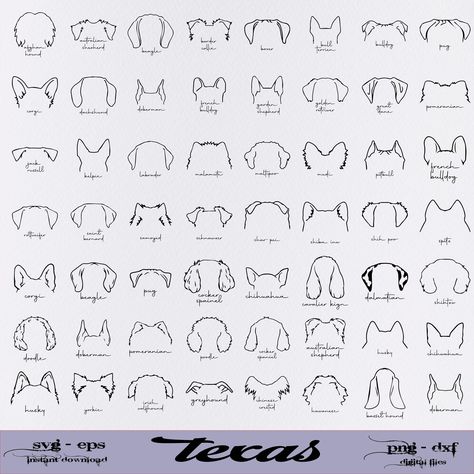 Hand drawn dog breed ears SVG bundle. Perfect for creating unique and personalized pet-themed designs. Includes 100+ vector files in outline style. Great for t-shirts, mugs, wall art, and more. #svg #dog #breed #ears #tattoo . #Croquis #Outline_Dog_Ears_Tattoos #Basset_Hound_Ear_Tattoo #Outline_Animal_Tattoo Dog Flash Tattoo Designs, One Floppy Ear Dog Tattoo, Pointy Dog Ear Tattoo, Simple Line Dog Tattoo, Dog Ear Drawing Reference, Dog Line Art Tattoo Beagle, Flash Dog Tattoo, Minimal Dog Tattoo Pitbull, Dog Ear Silloettes Tattoo