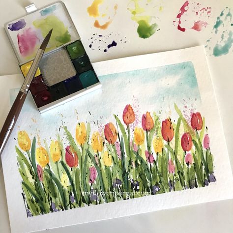 Spring Watercolor Painting Ideas, Watercolour Spring Flowers, Spring Watercolor Painting Easy, Spring Acrylic Paintings, Tulip Watercolor Painting, Spring Watercolor Painting, Tulip Tutorial, Spring Flowers Painting, Painting Spring Flowers