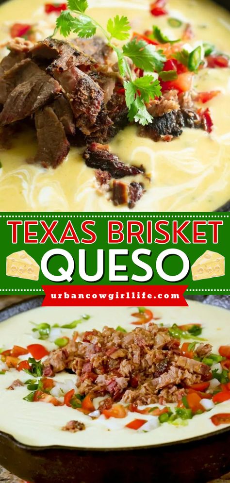 The perfect holiday appetizer! Your Christmas party food must have this classic Texas queso recipe that's authentic. Topped with pico de gallo and smoked brisket, this queso dip is also an irresistible New Year party idea! Texas Queso, Brisket Queso, Pork Brisket, Texas Brisket, Brisket Recipes Smoked, Queso Recipe, Urban Cowgirl, Appetizers For A Crowd, Brisket Recipes