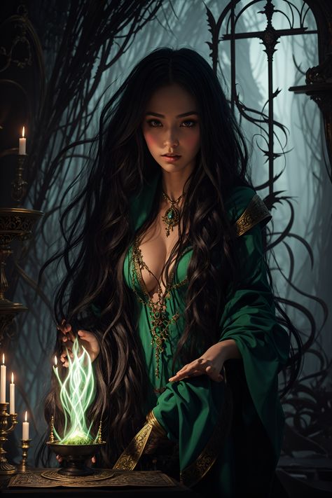 Sorceress Art, Ebony Hair, Fantasy Witch, Goth Women, Witch Art, Green Witch, Beautiful Fantasy Art, Character Portraits, Dark Fantasy Art