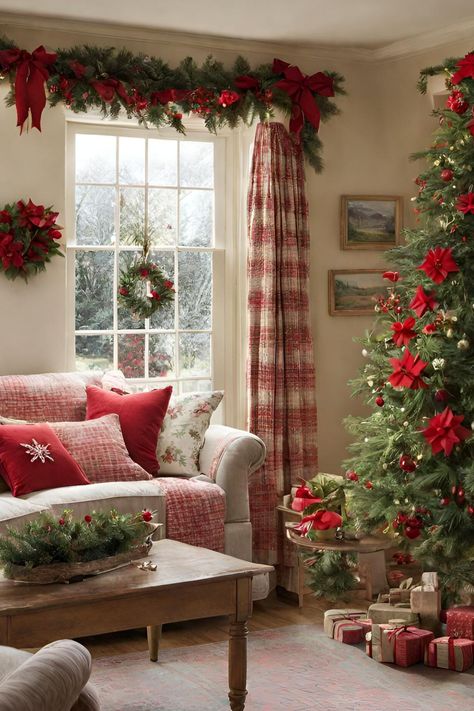 Christmas English Cottage Decor - Living Room with Poinsettia Accents English Cottage Winter, Plaid Christmas Living Room, Rustic Christmas Living Room Ideas, Red Plaid Christmas Decorations, Decorating With Poinsettias, Scottish Christmas, English Christmas Decorations, Christmas Cottage Decor, Christmas Cottage