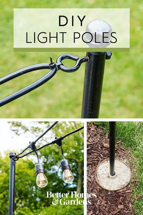 Diy Light Poles, Backyard String Lights, Diy String Lights, Hanging String Lights, Landscaping Flowers, Patio String Lights, Diy Light, Backyard Lighting, Backyard Diy Projects