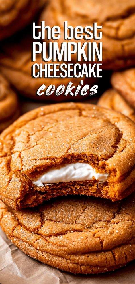 Pumpkin Cheesecake Cookies [45 Minutes] – Chasety Pumpkin Cookies Cheesecake, Cheesecake Stuffed Pumpkin Cookies, Pumpkin Stuffed Cookies, Amazing Cookies Recipes, Fall Baked Goods For Bake Sale, Filled Cookies Recipes, Stuffed Pumpkin Cookies, Fall Cookie Ideas, Pumpkin Cookie Bars