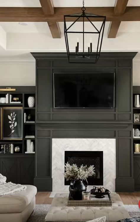 Black Mantle And Built Ins, Monochromatic Fireplace, Black Fireplace Mantels, Fireplace With Tv Above, Dark Fireplace, Black Fireplace Wall, Lodge Interior Design, Cream Fireplace, Black House Decor