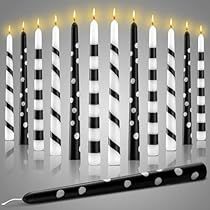 Black White Party Decor, Black White Christmas Table, Black And White Tablescapes, Black And White Fireplace, Black And White Candles, Painted Taper Candles, Black And White Party Decorations, Fireplace Candles, Table Candles