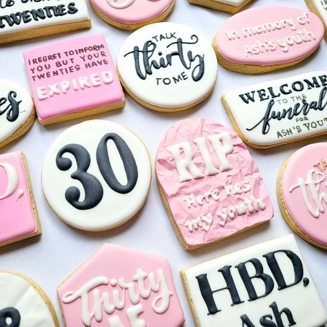 When you enter a new era. #birthdaybiscuits #birthdaycookiesdublin #birthdaycookies #30thbirthdaycookies #riptwenties #custombiscuits #customcookiesireland #cookies#cookiesdublin #dublincookies #decoratedsugarcookies 30th Birthday Cookies For Woman, 30th Birthday Cookies, 40th Birthday Party Themes, Birthday Biscuits, Birthday 30, Iced Biscuits, 26th Birthday, 30th Bday, Birthday Inspo