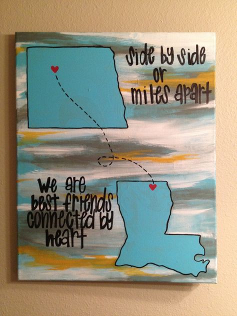 best friend painting. side by side or miles apart we are best friends connected by heart! canvas painting Best Friend Painting, Relationship Surprises, Best Friend Crafts, Student Exchange, Friend Scrapbook, Friend Canvas, Black Glue, Friend Painting, Friend Crafts