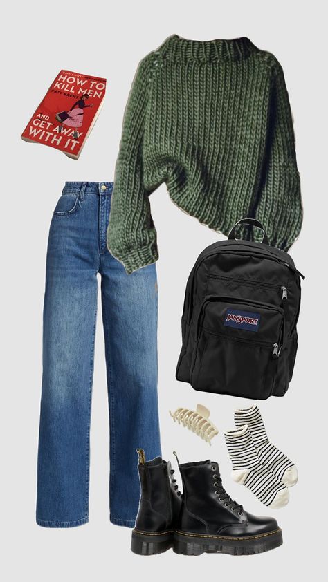 Biologist Aesthetic Outfit, Green Jumper Outfits Women, Elegant Comfortable Outfit, Clothing Combos Outfit Ideas, Elevated Indie Outfits, Old Person Outfit, Chill Outfits For School Winter, Black Pants Outfit Fall, Type Of Styles Clothing