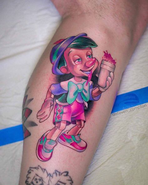 pink Pinnochio tattoo Compton Tattoo, Mario Tattoo, Colored Tattoo Design, Best Tattoo Ideas, Tatuaje A Color, Make Tattoo, Tattoo Stencil Outline, Traditional Tattoo Art, New School Tattoo