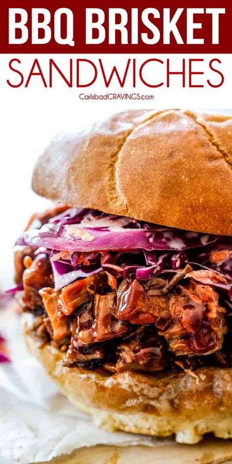 up close of easy brisket sandwich with coleslaw Sandwiches With Coleslaw, Bbq Brisket Sandwich, Brisket Sandwich Recipe, Brisket Sandwiches, Beef Brisket Sandwich, Easy Sandwiches, Bbq Beef Sandwiches, Slow Cooker Brisket, Sandwhich Recipes