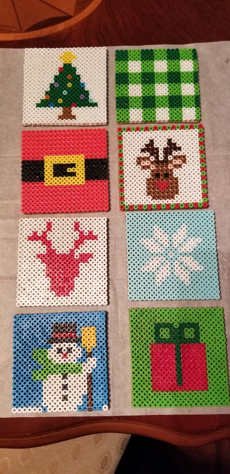 Melty Beads Ideas Christmas, Perler Bead Christmas Coasters, Perler Beads Christmas Coasters, Perler Bead Art Christmas, Cute Perler Bead Coasters, Melty Bead Coasters, Perler Bead Tissue Box Cover, Peeler Bead Ideas Christmas, Hama Bead Coasters Ideas