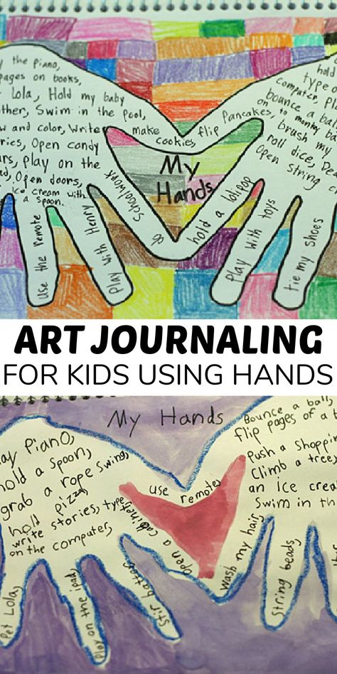 Kids are going to love this art journaling idea using their hands. This is a wonderful classroom activity too. Art Prompts For Kids, 5th Grade Poetry, Creative Writing Techniques, Hand Art Projects, Journaling For Kids, School Journals, Illustration Journal, Horse Therapy