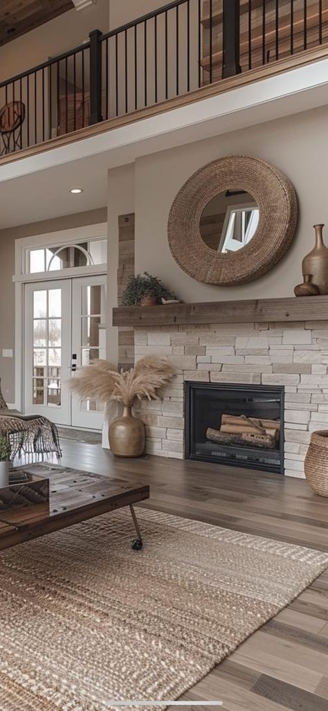 White Ranch House Interior, White Western House, Great Room With Fireplace, Ranch House Interior, White Ranch House, Chalet Living Room, Western House, Western Rooms, Room With Fireplace