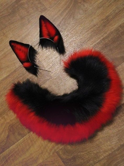 Black And Red Wolf Ears And Tail, Black Cat Ears And Tail, Black And Red Accessories, Cute Cosplay Ideas, German Shepherd Ears, Wolf Ears And Tail, Fursuit Paws, Cat Ears And Tail, Ears And Tail