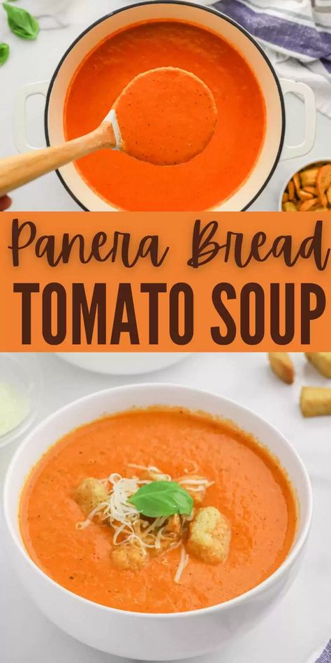 Panera Bread Tomato Soup Recipe - Eating on a Dime Campbells Tomato Soup Copycat, Fall Tomato Soup, Panera Copycat Soup, Copycat Panera Bread Recipes, Copycat Campbells Tomato Soup, Copycat Panera Tomato Soup, Panera Soup Recipes Copycat, Panera Tomato Soup Recipe Copycat, Panera Tomato Basil Soup