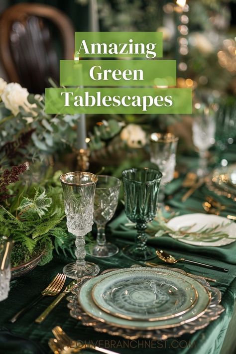 Explore the beauty of green table settings for your next dinner event. Our curated ideas blend shades like emerald, sage, and olive, bringing a touch of sophistication and tranquility to weddings or intimate gatherings. Discover how these dark, rich greens can transform your tablescape. Christmas Table Settings Green Tablecloth, Thanksgiving Green Table Setting, All Green Tablescape, Green Table Settings Christmas, Mrs Alice Tablescape, Gold And Green Christmas Table, Sage Centerpiece, Dinner Setting Ideas, Elegant Christmas Table Settings