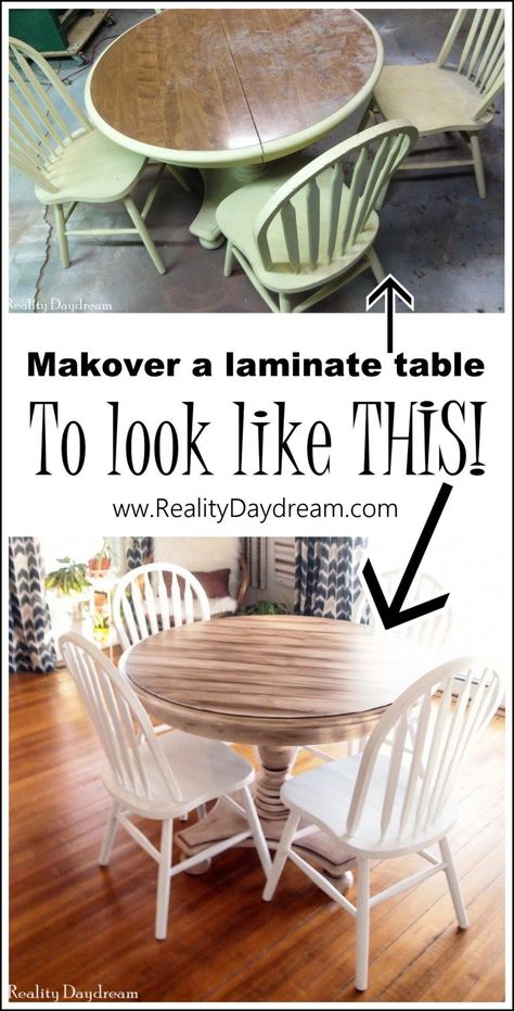 Faux Planked Table Transformation | Reality Daydream Kitchen Table Before And After, Refinishing Laminate Table Top, How To Redo A Laminate Table Top, Laminate Dining Table Makeover, Redo Laminate Table Top, Refinish Laminate Table, Diy Redo Kitchen Table, Resurfacing Kitchen Table, Faux Wood Table Top Diy