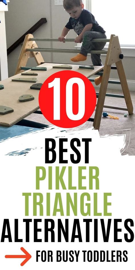 Pikler triangles are great for busy toddlers, but whether your kids are too big, you have a small space, or you have a low budget, here are the perfect alternative climbing toys for you! Pickler Triangle Slide Diy, Diy Climbing Triangle, Pikler Triangle Storage, Pickler Triangle Ideas, Pickler Triangle Diy, Diy Toddler Climbing Structure, Diy Climbing Toys For Toddlers, Pikler Triangle Activities, Kids Small Playroom Ideas