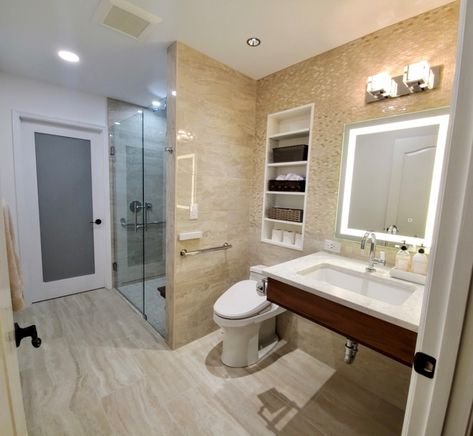 A Stunning Age-in-Place Bath Remodel - Housing Design Matters Aging In Place Bathroom Design, Ada House Plans Wheelchairs, Accessible Bathroom Layout, Aging In Place House Plans, Ada Bathroom Design, Backyard Bonfire Ideas, Disabled Bathroom Ideas, Bonfire Ideas, Outdoor Bonfire