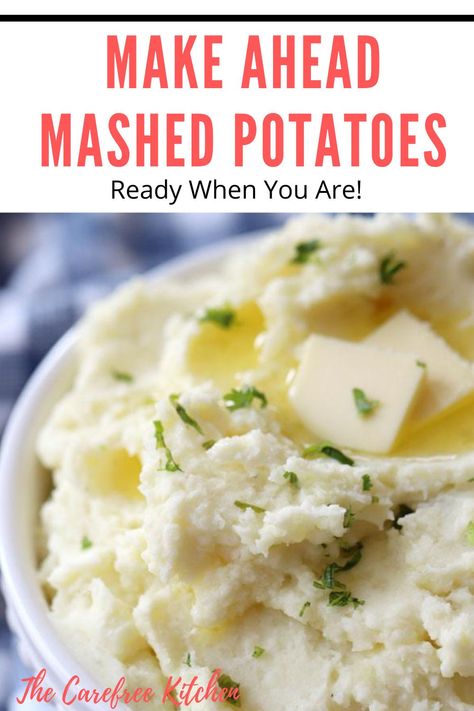 These simple Make-Ahead Mashed Potatoes are fluffy, buttery and can be made up to 3 days in advance. They make the perfect holiday side dish that can be easily reheated in a variety of different ways. #thecarefreekitchen #mashedpotatoes #potatoes #makeaheadrecipes #potatorecipes #makeaheadmashedpotatoes #sidedish Can I Make Mashed Potatoes Ahead Of Time, How To Make Mashed Potatoes Ahead Of Time, Can I Make Mashed Potatoes The Day Before, Mashed Potatoes Ahead Of Time, Can You Make Mashed Potatoes A Day Ahead, Made Ahead Mashed Potatoes, Make Ahead Potatoes Recipes, Do Ahead Mashed Potatoes, Home Style Mashed Potatoes