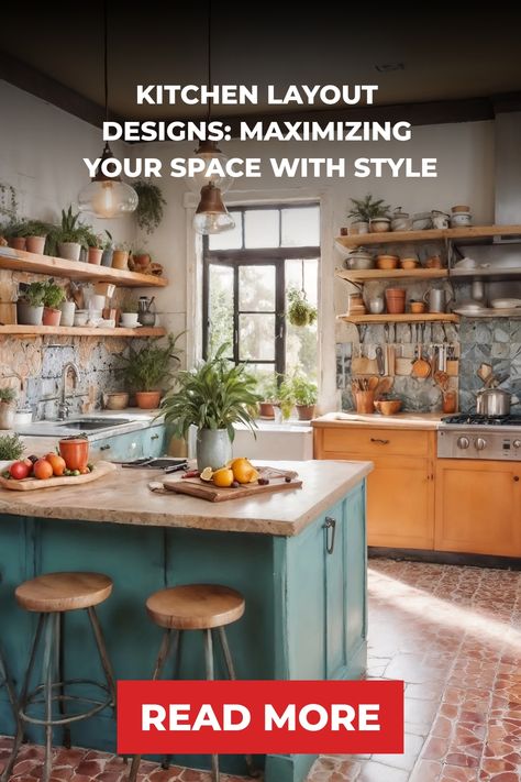 A stylish kitchen with a central island, plants, and rustic decor. Non Traditional Kitchen Layout, Weird Kitchen Layout, Kitchen Feng Shui Layout, Weird Layout Kitchen, One Line Kitchen Layout, Perfect Kitchen Layout, High Tech Kitchen, Color Tile Backsplash, Wide Kitchen