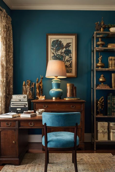 Join me in today's daily routine of an interior designer as I share how to infuse Vintage Vibes with Top Paint 2024 for Retro Cool in 'Blue Suede Shoes (798).' #Ad #homedecor #homedesign #trendgirlApartment #Painthome #interiorarchitecture Wall Colors Green Room Colors Bright Room office Colors Apartment Renovation Home office Remodeling Modern Paint Colors 2024 Vintage Room Paint Ideas, Home Office Blue Walls, Teal Home Office, Home Office Paint, Blue Office Decor, Paint 2024, Turquoise Office, Paint Colors 2024, Green Room Colors