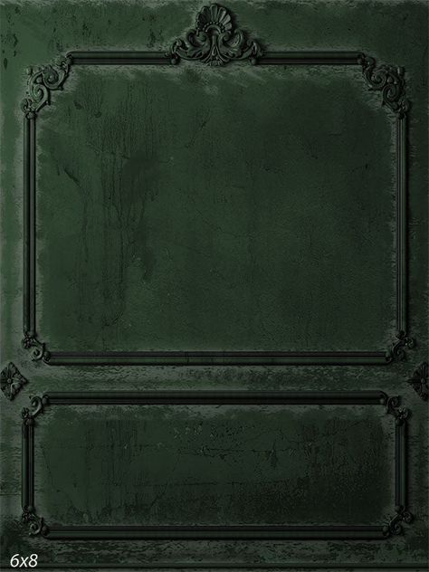 Antique Dark Green Panel Photography Backdrop - An elegant photography backdrop featuring distressed dark green panels with intricate black moldings Dark Green Antique Wallpaper, Dark Green Velvet Wallpaper, Dark Green Paneled Walls, Aesthetic Prints Wall Art Vintage Green, Vintage Green Aesthetic Dark, Dark Academia Green Wallpaper, Black Dark Green Aesthetic, Victorian Wall Panel, Elegant Wall Paneling