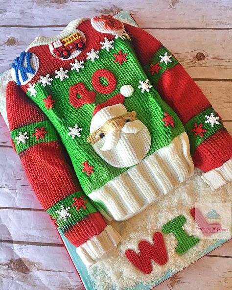 Christmas Sweater Cake, Roller Coaster Cake, Ugly Christmas Sweater Cake, Ugly Sweater Cake, Sweater Cake, Christmas Party Planning, Christmas Cake Designs, Tacky Christmas, Party Sweaters