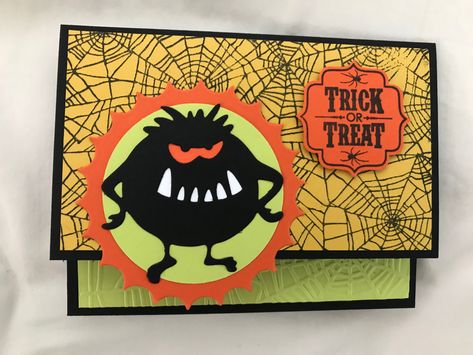 Silly monster die cut (Tim Holtz), spider web stamp (Lost Coast Designs), words (Stampin’ Up), spider web embossing folder (Provo Craft) Halloween Card, Halloween Cards, Embossing Folder, Tim Holtz, Spider Web, Trick Or Treat, Card Ideas, Stampin Up, Stamp