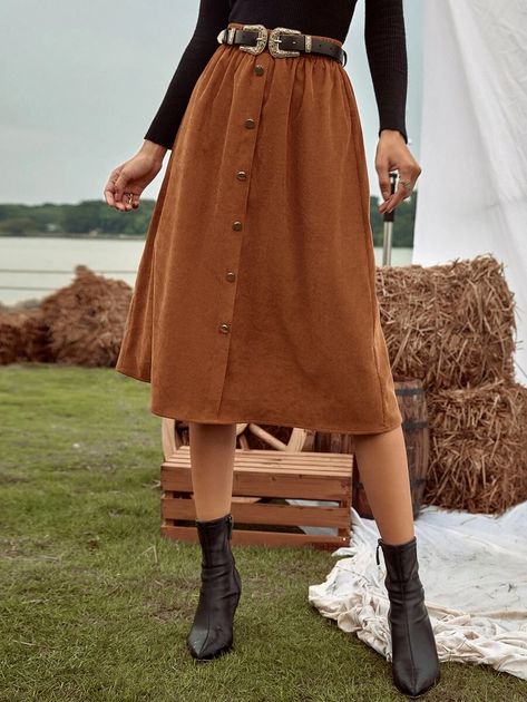 High Waist Single Breasted Corduroy Skirt Without Belt | SHEIN USA Brown Skirt Outfit, Corduroy Skirt Outfit, Brown Corduroy Skirt, Winter Skirt Outfit, Women Bottoms, High Waisted Pleated Skirt, Women Skirts, Brown Skirts, Brown Corduroy