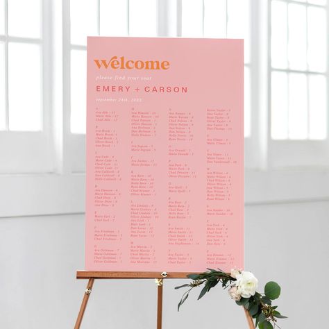 Blush Pink And Orange Wedding, Colourful Wedding Signage, Pink And Orange Wedding Table, Colorful Seating Chart, Pink And Orange Wedding Theme, Hot Pink Color Palette, Orange Pink Wedding, Pink Orange Wedding, Pink And Orange Wedding