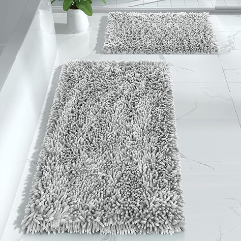 Luxury Shaggy Extra Thick Bathroom Rugs, Plush Non-Slip Mats for Bath Room Floor, Machine Wash, Ultra Absorbent, 31.5 x 19.8 + 24 x 17 Inches, Light Grey Gray And Purple Bathroom, Green Bathroom Rugs, Blue Bathroom Rugs, Grey Bathroom Rugs, White Bathroom Rug, Chenille Bath Mat, Floor Machine, Bathroom Runner Rug, White Bath Mat