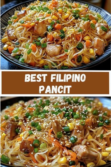 Uncover the secrets of the ultimate Filipino Pancit! This classic dish features stir-fried noodles tossed with a vibrant medley of vegetables, succulent chicken, and rich seasonings. Ideal for family get-togethers or a cozy weeknight meal, this genuine Pancit recipe promises mouthwatering flavors in every forkful. Bring the essence of the Philippines to your kitchen and give it a try today! Pancit Recipe Filipino Dishes, Pancit Noodles Recipes, Pan Set Noodles, Best Filipino Pancit, Filipino Pancit Bihon Recipe, Pansit Recipe Filipino, Philippine Pancit Recipe, Vegetarian Pancit Recipe Filipino, Philippine Noodles Recipes