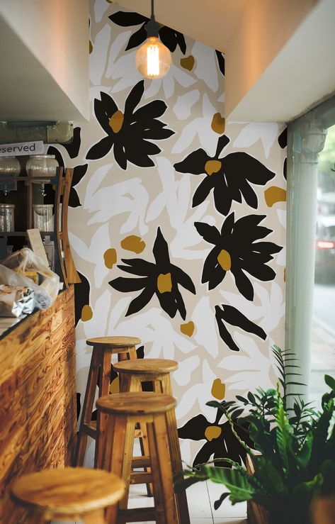 Peel And Stick Wallpaper For Spa, Black And White Statement Wall, Black Walls Bright Decor, Peel And Stick Wallpaper Bar, Texture Peel And Stick Wallpaper, Bold Neutral Wallpaper, Black And Mustard Wallpaper, Large Scale Peel And Stick Wallpaper, Non Floral Wallpaper