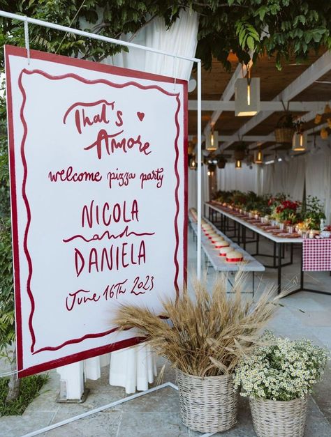 Welcome Party Decor, Party Decor Inspiration, Rehearsal Dinner Welcome Sign, Wedding Welcome Party, Pizza Wedding, Italian Party, Italian Theme, Bridal Shower Inspo, Welcome Party