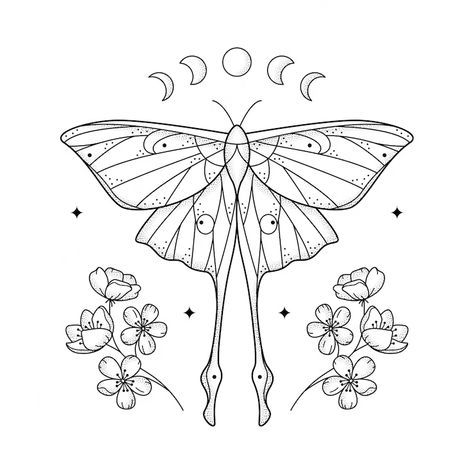 Premium Vector | Celestial grainy line geometric luna moth with moon phases and flowers mystic geometry butterfly with floral arrangement Luna Moth Outline, Moth Outline Tattoo, Geometry Butterfly, Luna Moth Tattoo, Moth Drawing, Moth Tattoo Design, Moon Phases Tattoo, Lunar Moth, Moon Moth