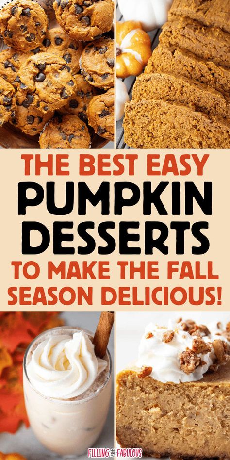 If you love pumpkin recipes and fall (I most definitely do!), then you are going to love these easy desserts featuring pumpkin as a main ingredient. I'm sharing my best recipes for pumpkin bread, pumpkin muffins, pumpkin drinks, pumpkin cheesecake (including no bake pumpkin cheesecake), and more! Fun Pumpkin Desserts, Best Pumpkin Dessert Recipes, Pumpkin Deserts Recipes Easy, Easy Healthy Pumpkin Dessert, Quick Pumpkin Desserts, Easy Pumpkin Dessert Recipes, Best Pumpkin Desserts, Easy Pumpkin Desserts, Pumpkin Snacks